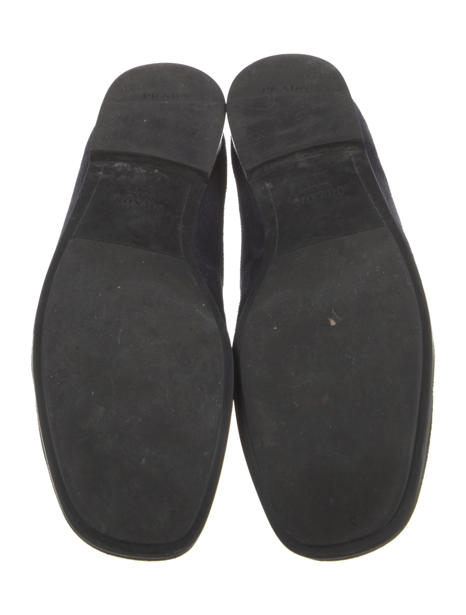 Prada Enameled Metal Triangle Suede Dress Loafers